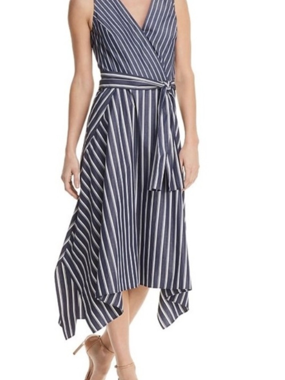 LAFAYETTE 148 New York Striped Navy Midi Dress Waist Tie Hanckerchief Hem Sz 10